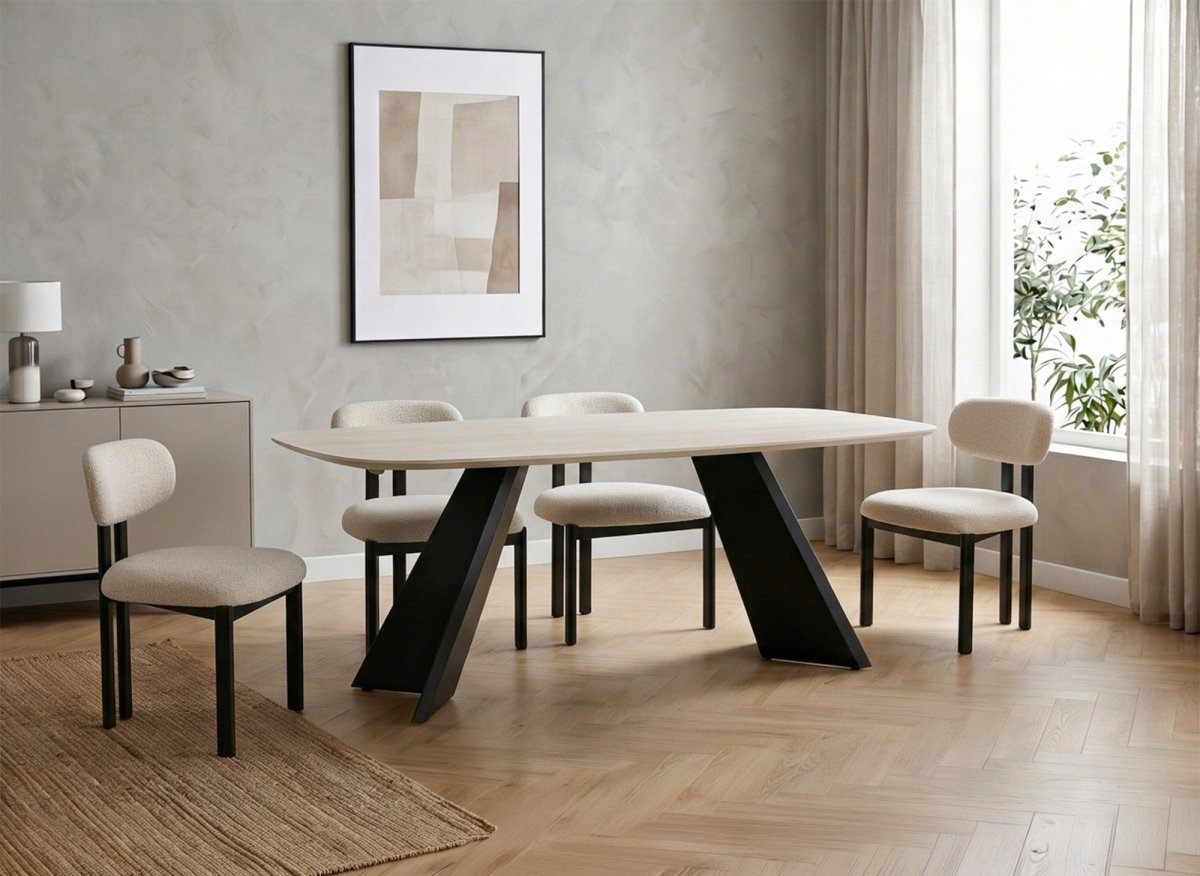 Lot de 2 chaises en tissu texturé écru pieds en métal noir LEONA